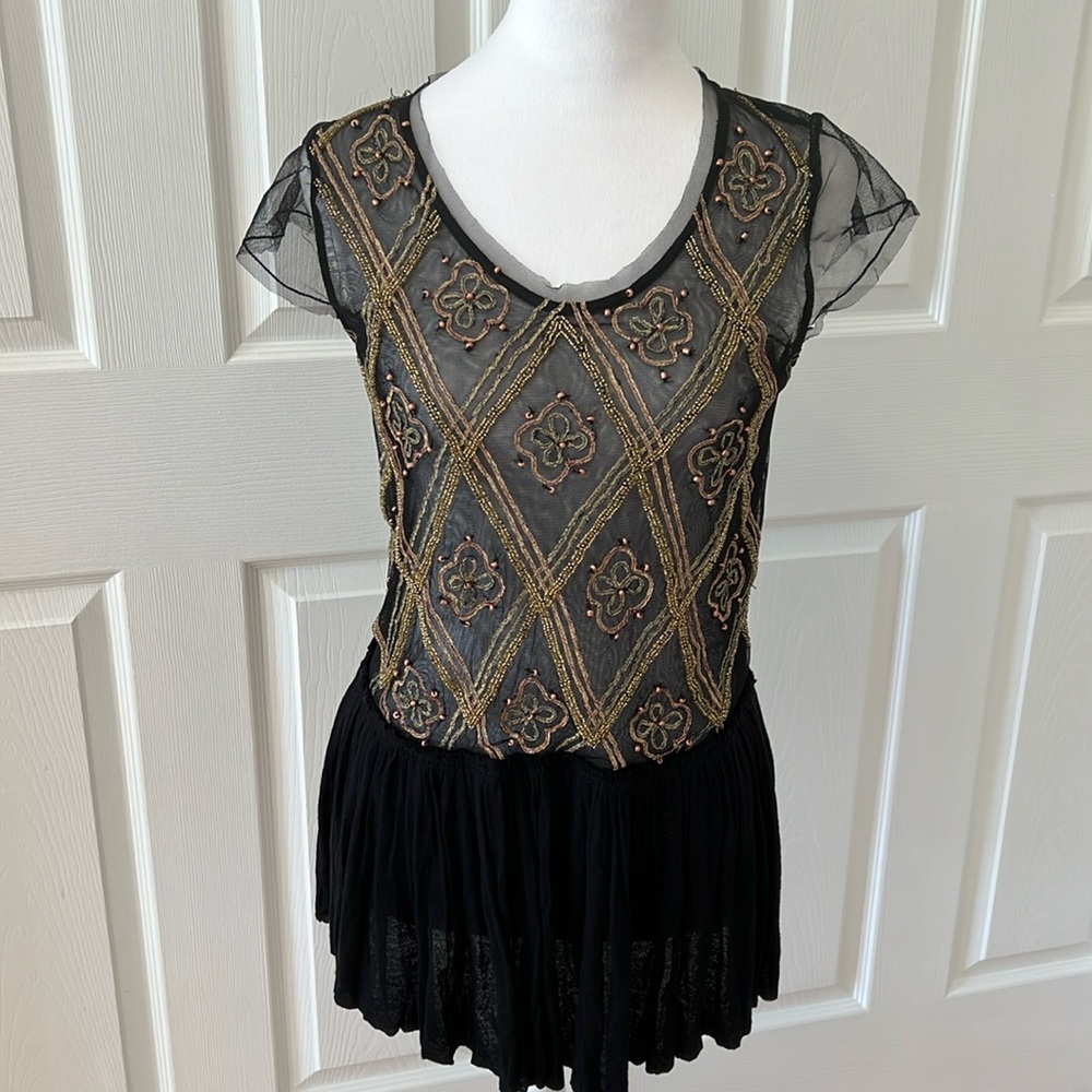 Free People black tulle mesh beaded tunic size small - Picture 4 of 9